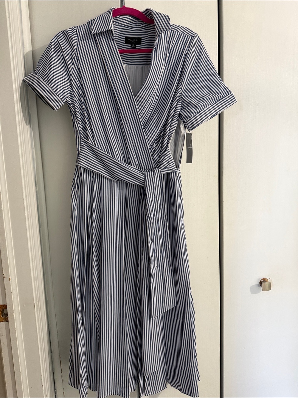 Tahari Navy and White Striped Collared Wrap Midi Dress size 10 Size
